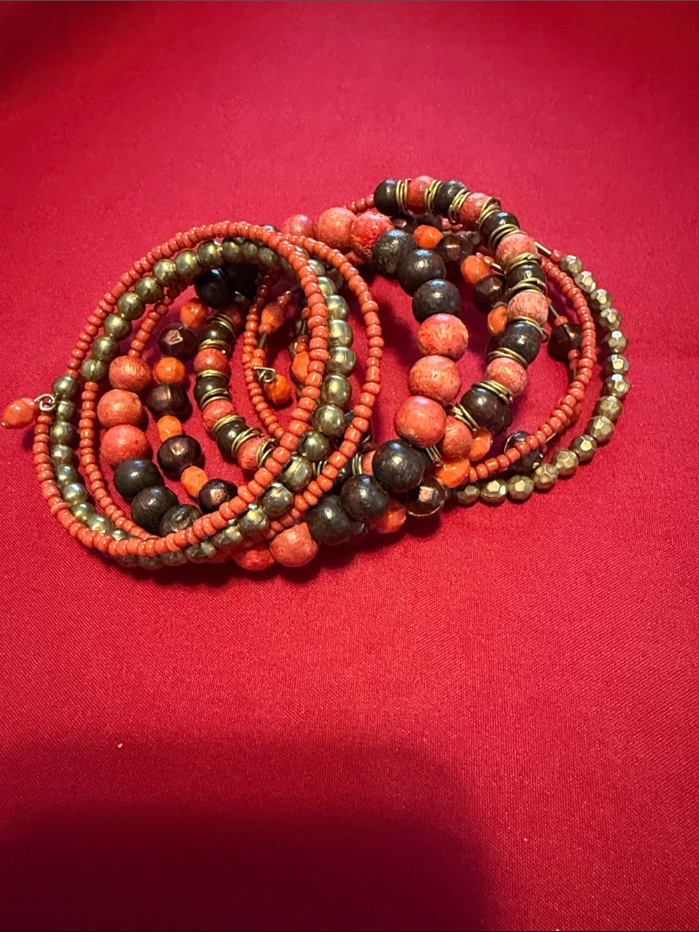 Wooden spiral Handcrafted orange/ gold/brown Beaded Multi-Strand Bracelet